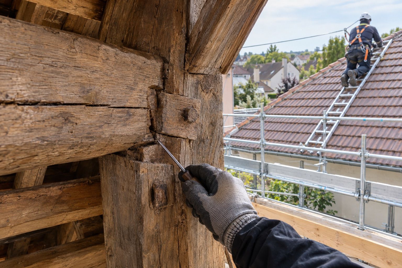 Gros plan sur un assemblage ancien en chêne, vérifié avec un poinçon tenu d’une main gantée.