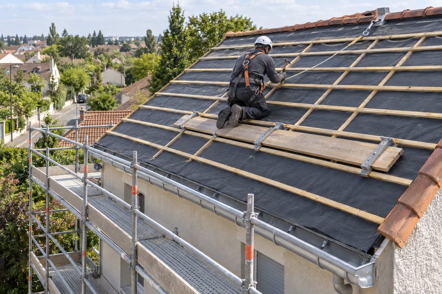 Couvreur agenouillé sur des planches, clouant des liteaux sur un écran neuf, harnais fixé au faîtage.