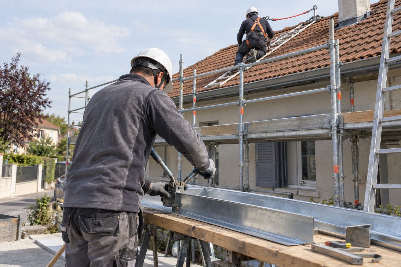 Un chéneau en zinc en cours de façonnage sur un établi au pied d’un échafaudage.